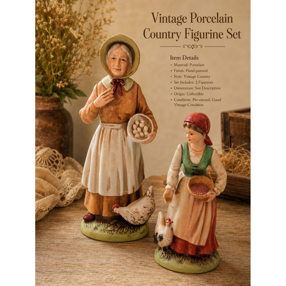 Vintage Porcelain Peasant Woman Figurine Feeding Chickens Farmhouse Decor 6.25"
